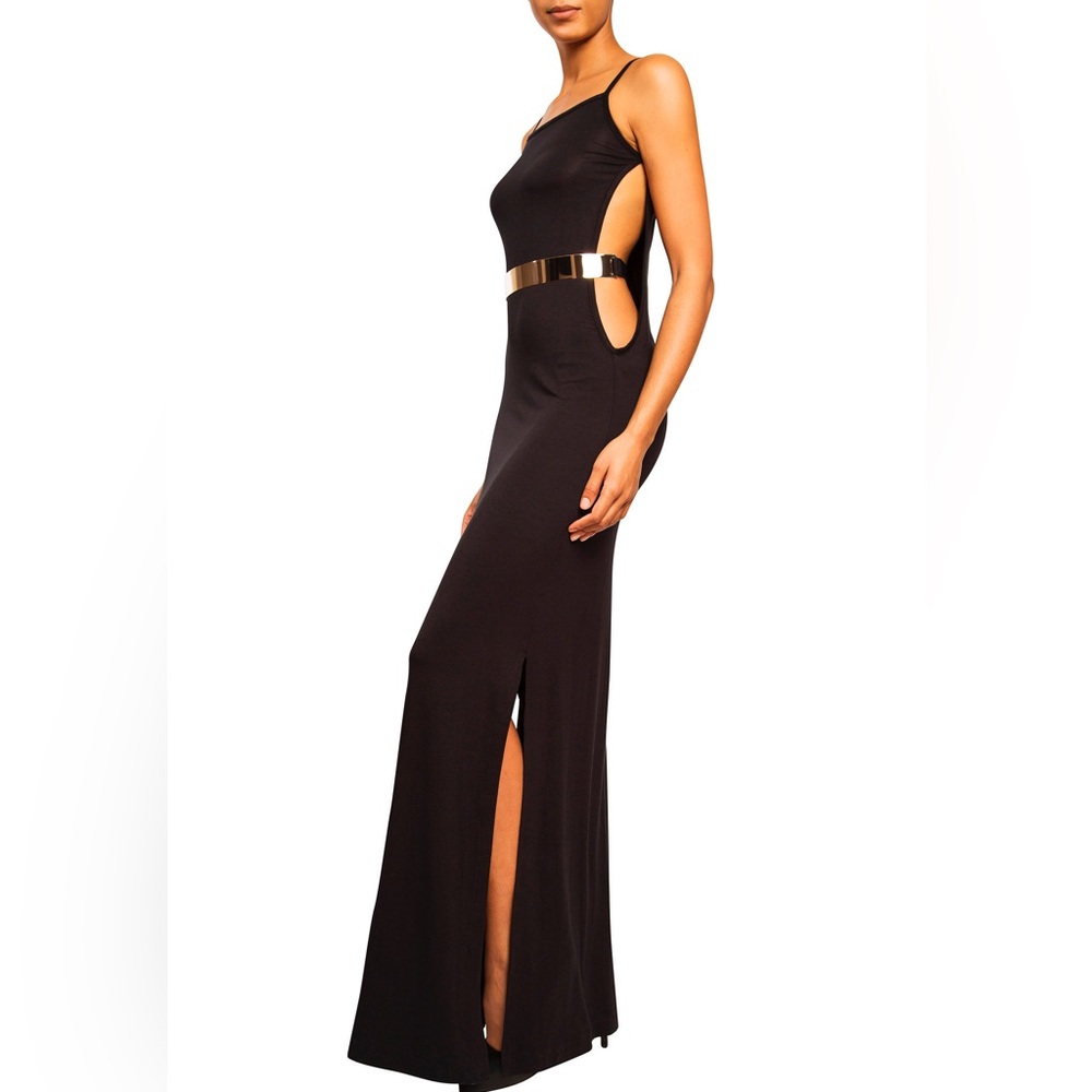 NWT Black Open Side Gown Dress Prom Wedding Jersey Lined Belted Slits